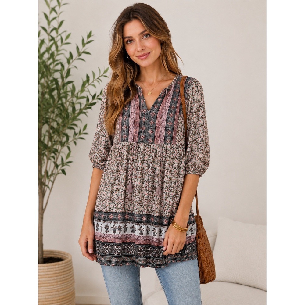 Knox Rose Boho Floral Peasant Top Small Tassel Tie Rayon Cottagecore